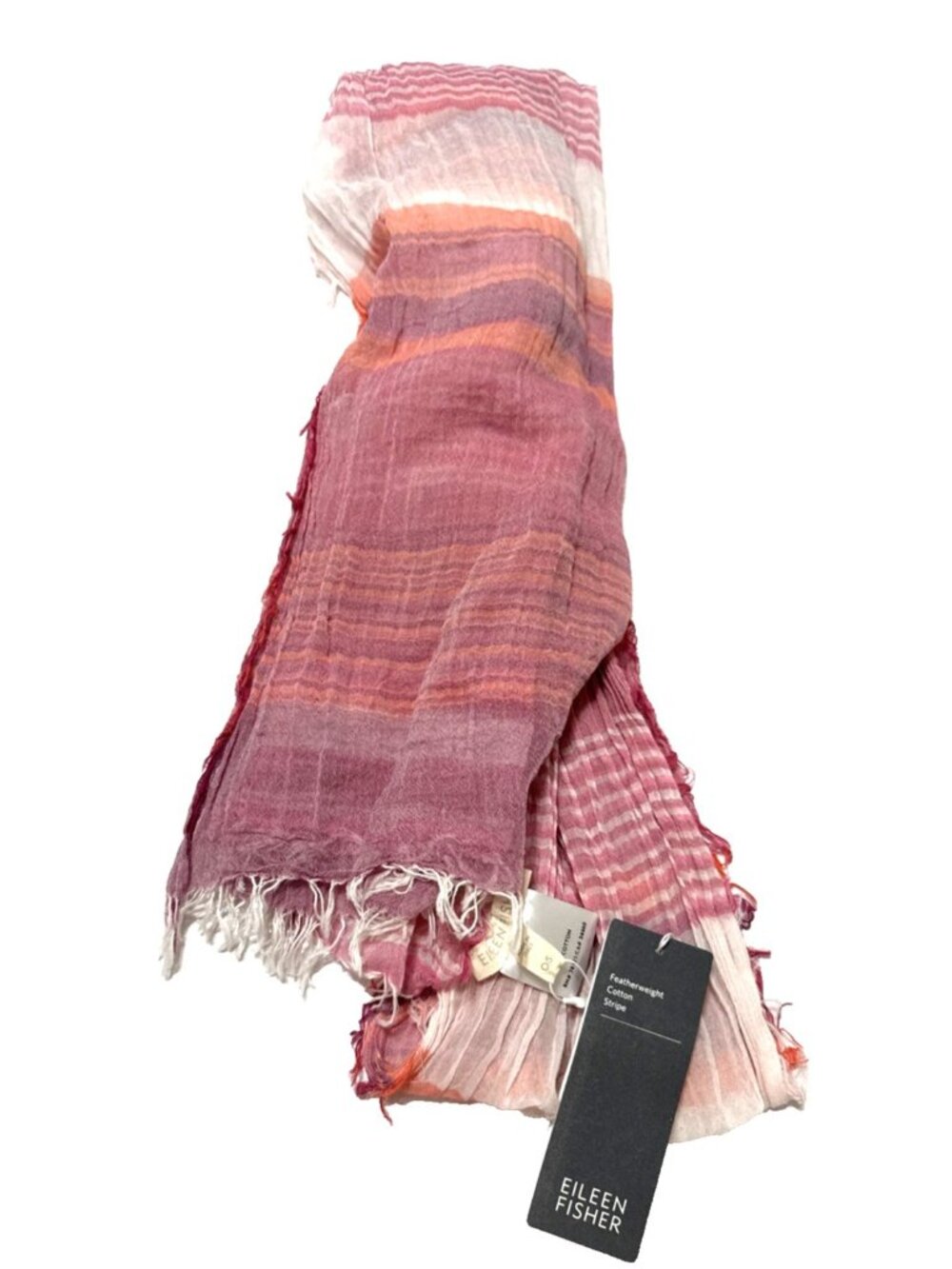 Eileen Fisher Pink Striped Cotton Gauze Fringe Rectangle Scarf